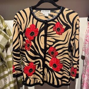 Jack B Quick Vintage Zebra Print Cardigan with Red Floral Beaded Accents